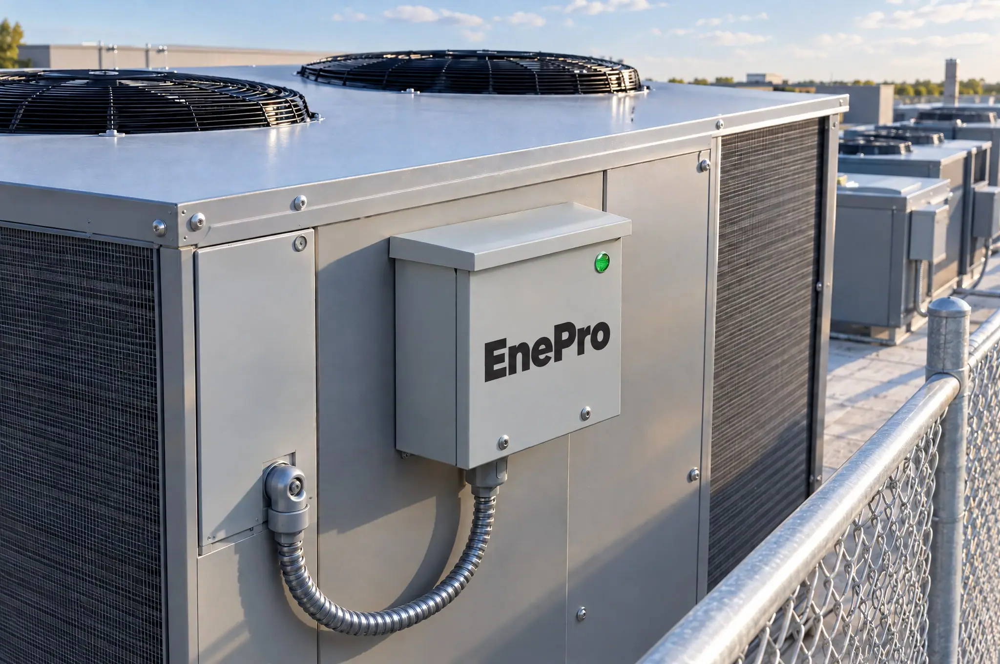 EnePro unit mounted on the side of a rooftop HVAC unit