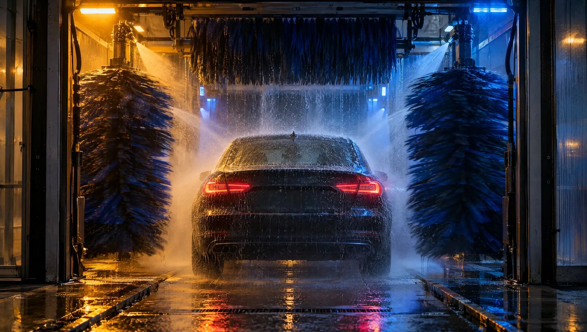 Car going through a tunnel car wash.