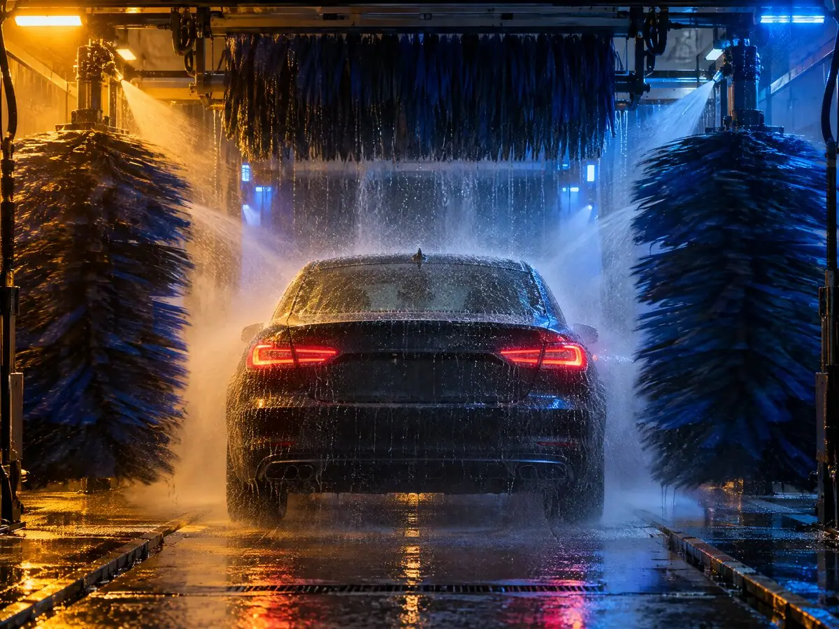 Car going through a tunnel car wash.