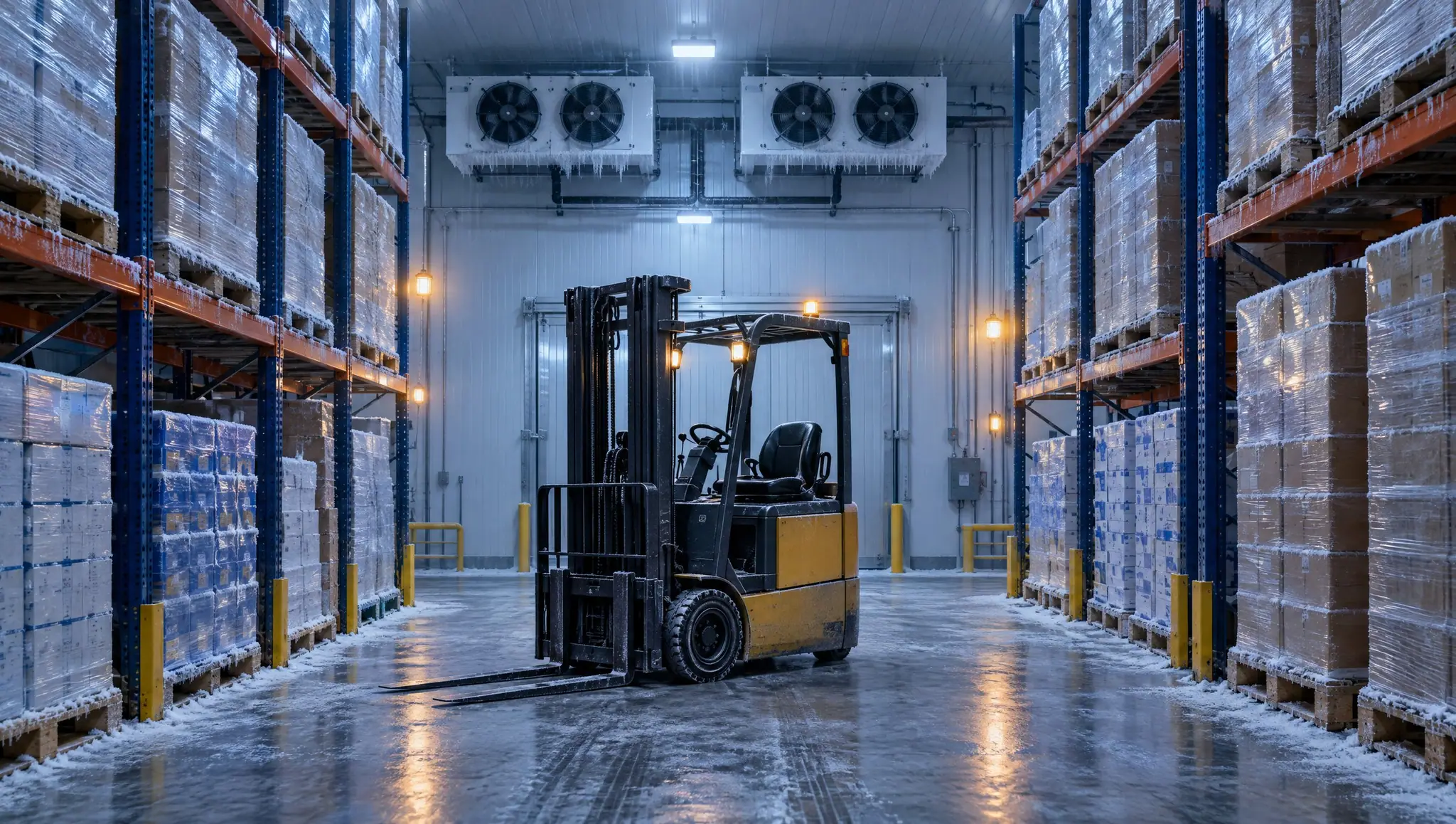 Forklift in a cold storage warehouse between racks of wrapped pallets.