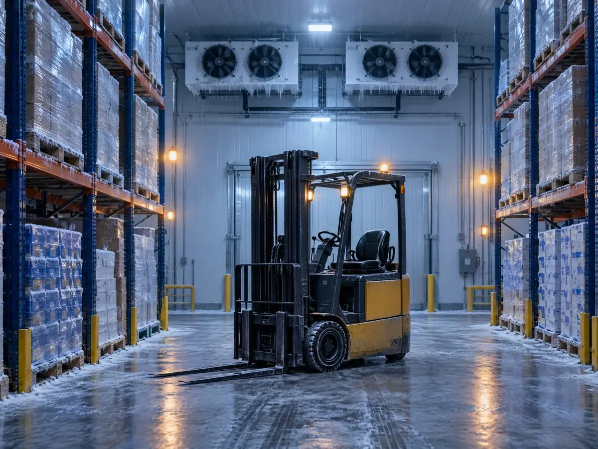Forklift in a cold storage warehouse between racks of wrapped pallets.