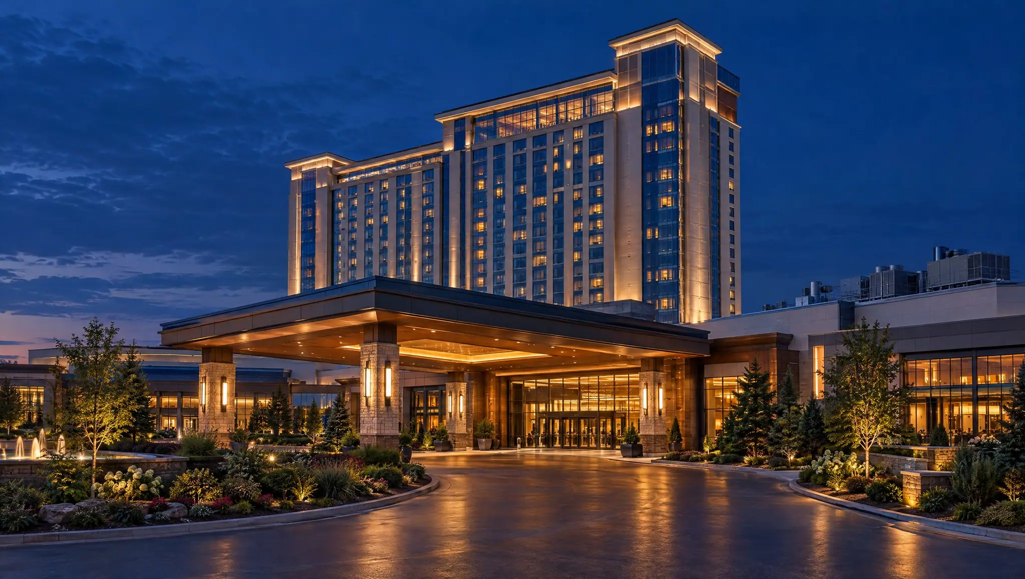 Hotel and casino resort tower lit up at dusk above its covered main entrance.