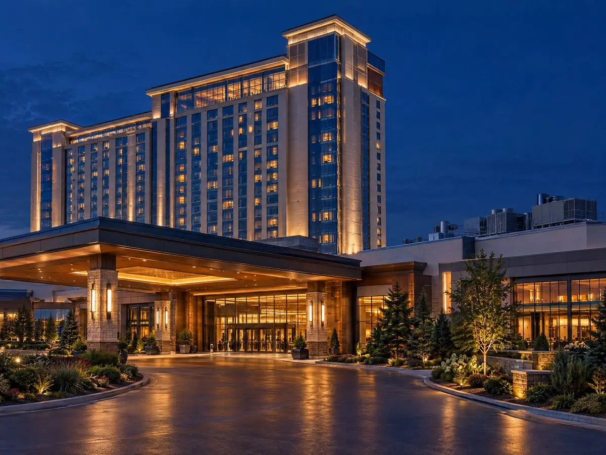 Hotel and casino resort tower lit up at dusk above its covered main entrance.