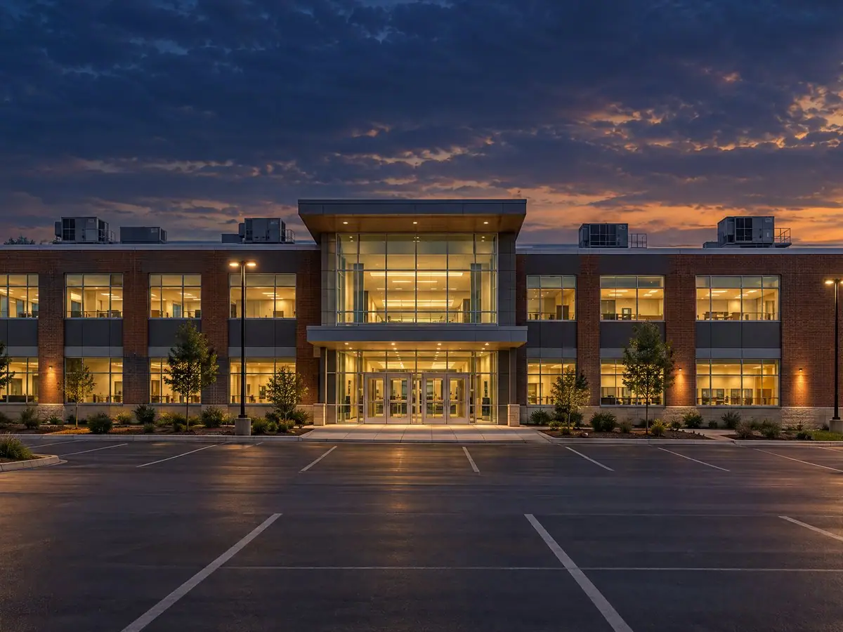 Brick and glass school building with its main entrance lit at dusk.