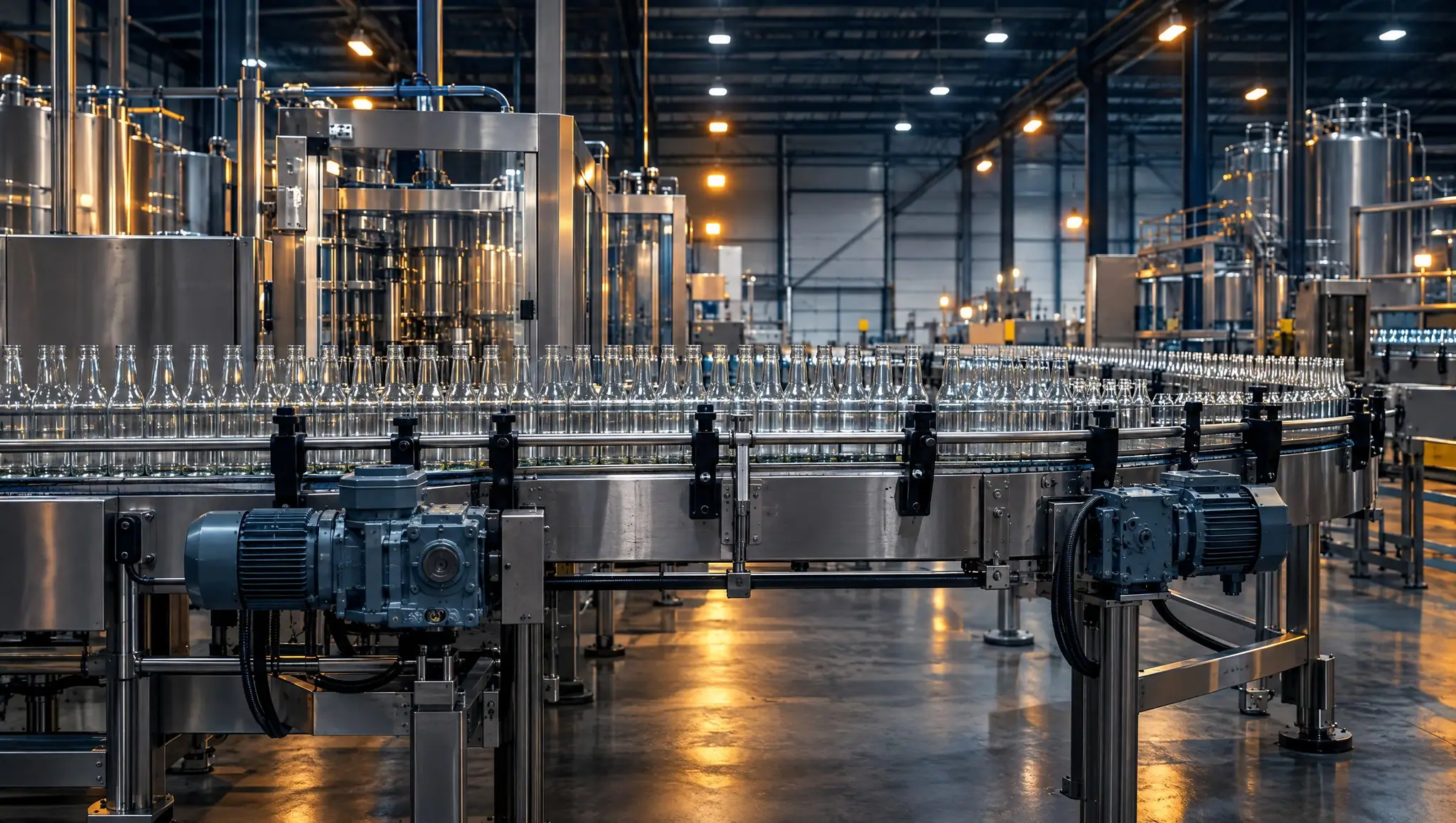 Bottling line with motor-driven conveyors in a manufacturing plant.