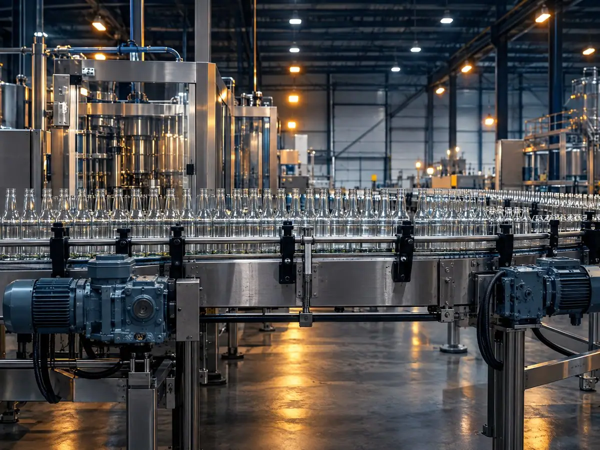 Bottling line with motor-driven conveyors in a manufacturing plant.