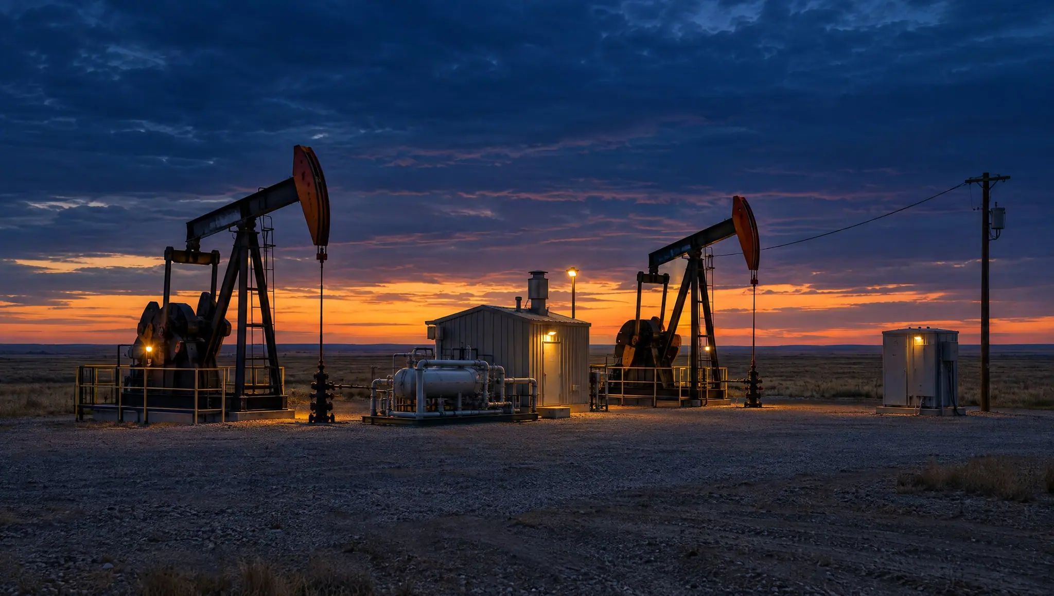 Oil and gas field site with two pumpjacks and a compressor building at sunset.