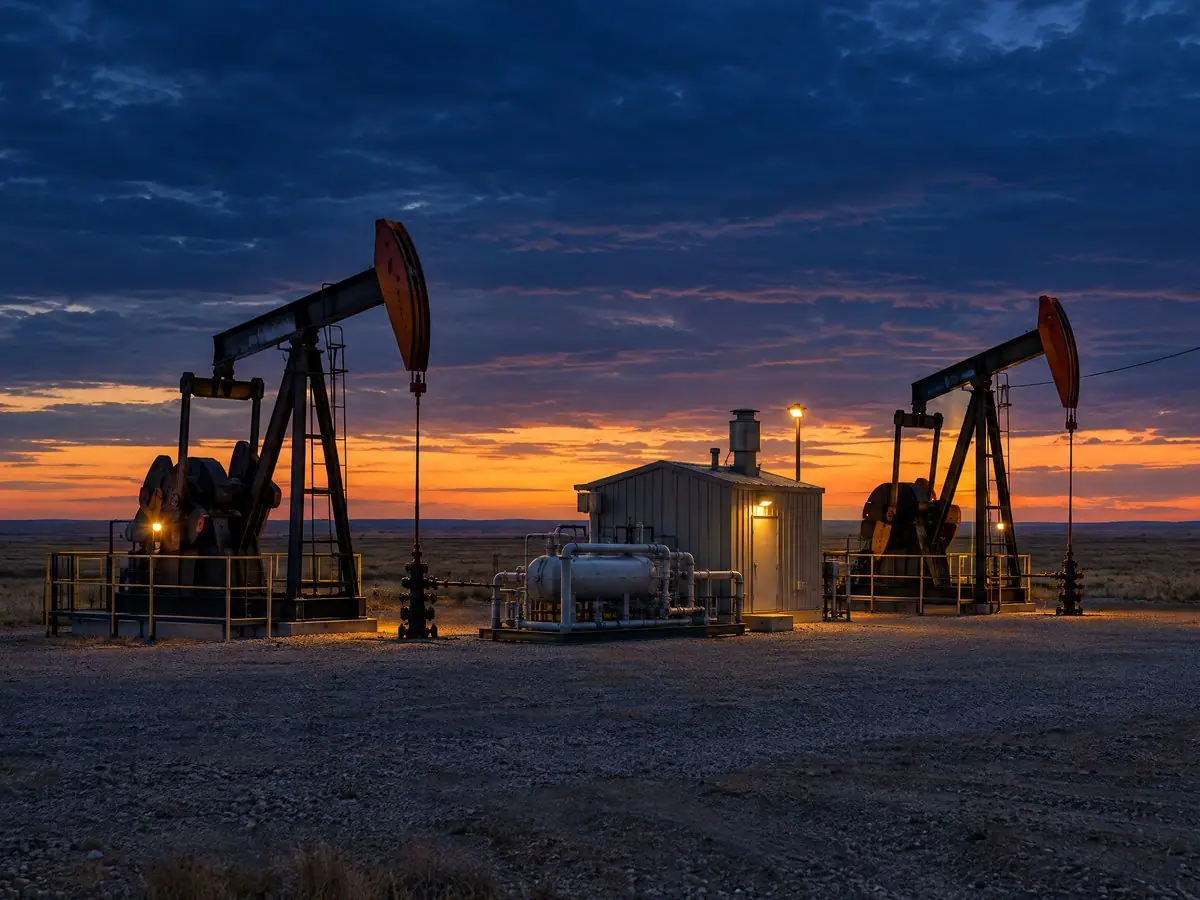 Oil and gas field site with two pumpjacks and a compressor building at sunset.