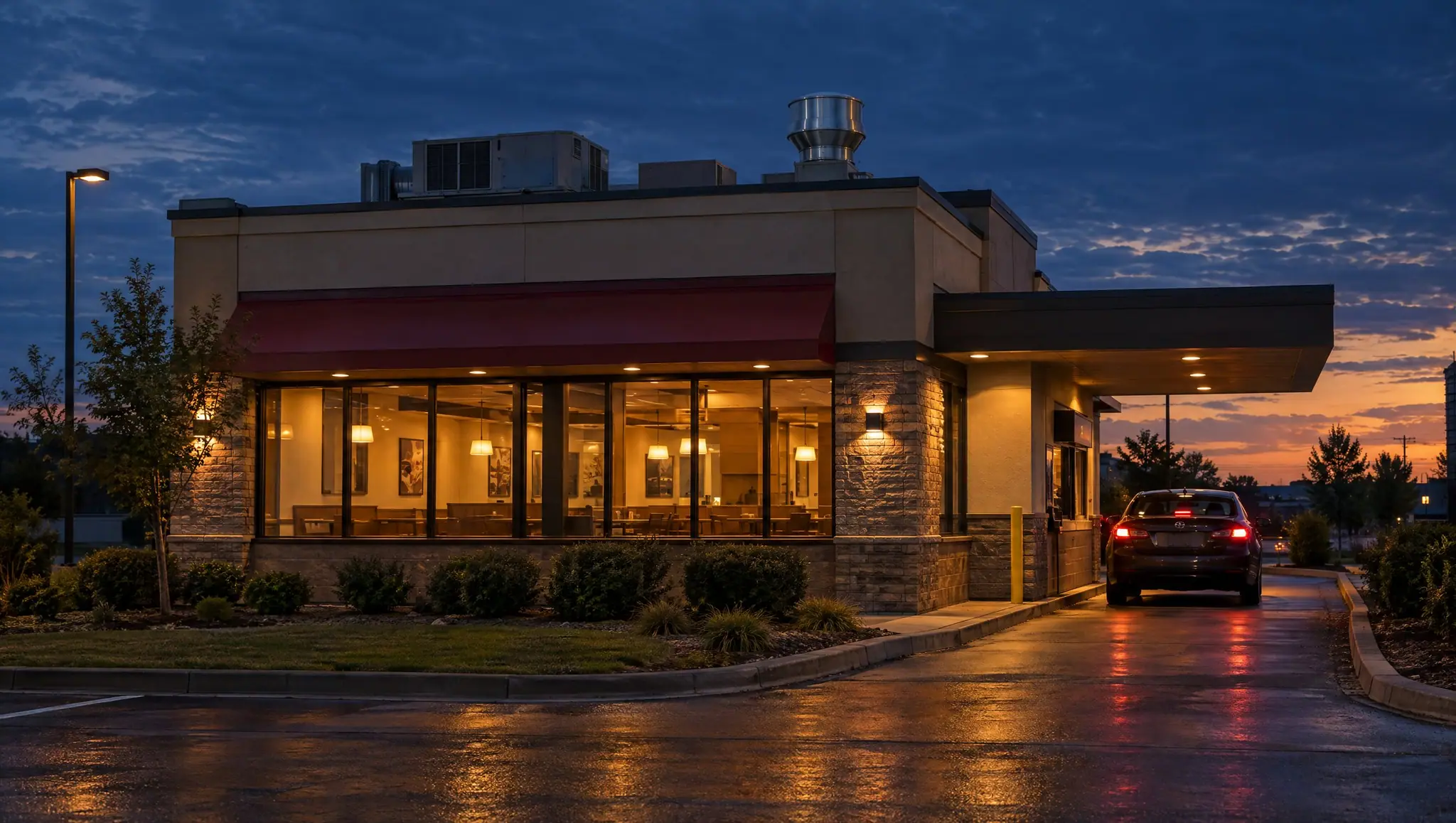 Quick-service restaurant with a drive-through lane, lit up at dusk.