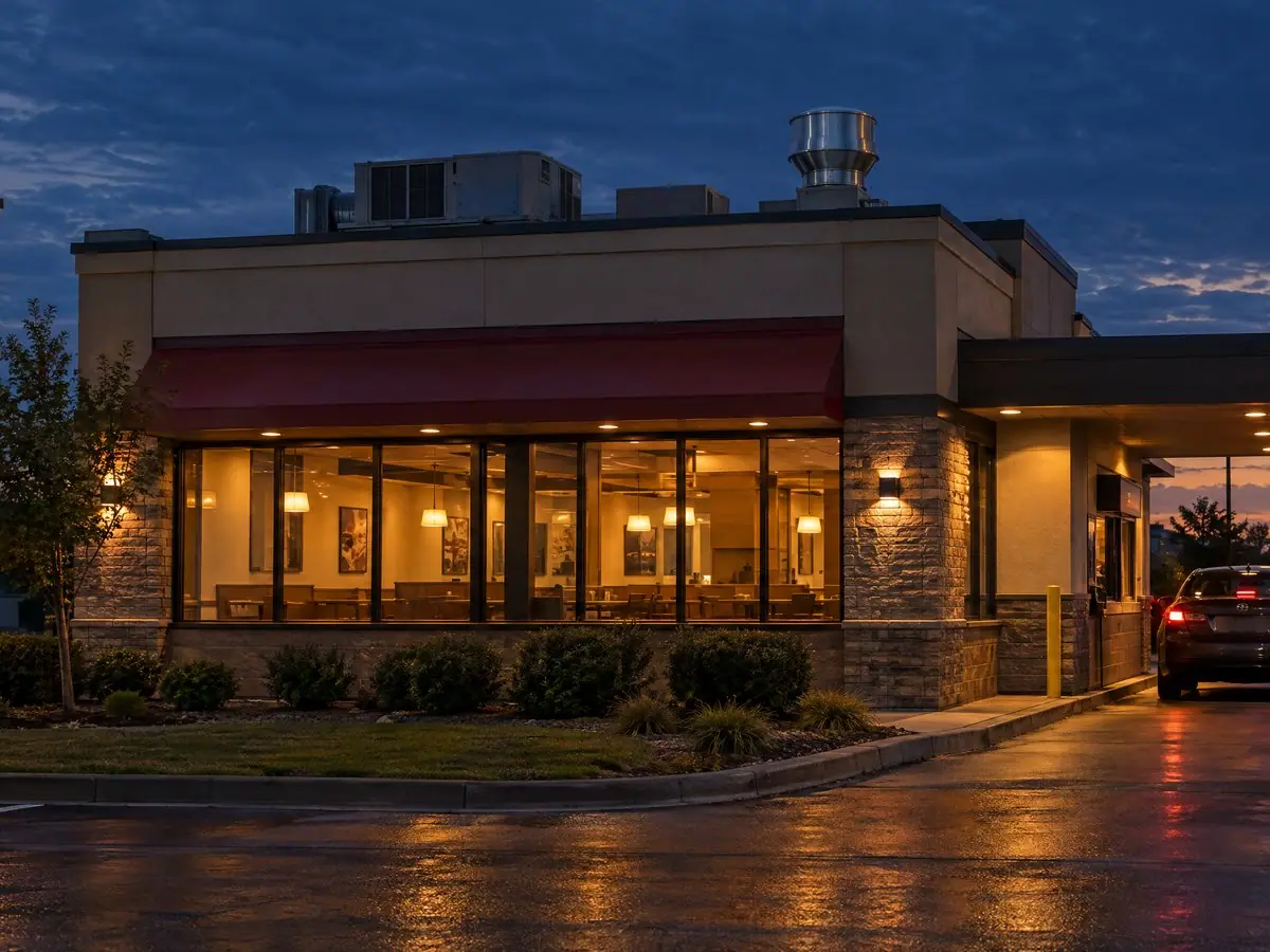 Quick-service restaurant with a drive-through lane, lit up at dusk.